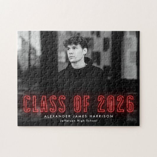 Moderne Red Neon Class 2025 Foto Abschluss Puzzle (Horizontal)