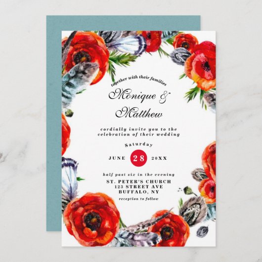 Moderne Red Poppy Boho Feathers Wedding Einladung (Vorne/Hinten)