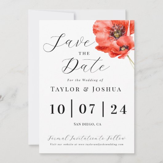 Moderne Red Poppy Wedding rettet das Datum | Flora Save The Date (Vorderseite)