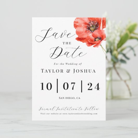 Moderne Red Poppy Wedding rettet das Datum | Flora Save The Date (Stehend Vorderseite)