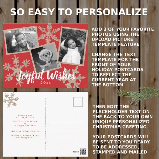 Moderne Red Rustic Snowflake Collage 3 Foto Postkarte