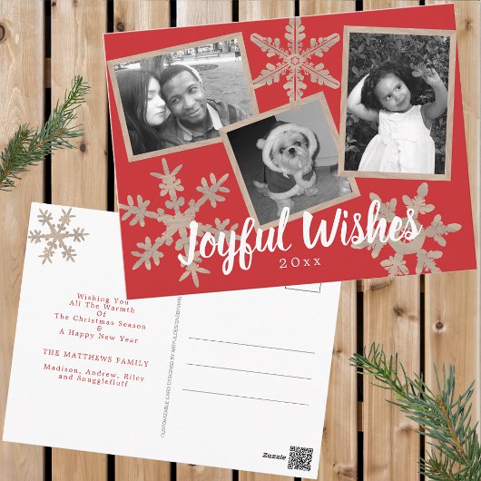 Moderne Red Rustic Snowflake Collage 3 Foto Postkarte