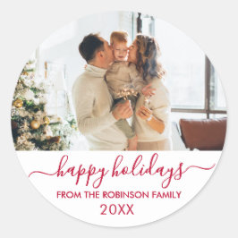 Moderne Red Script Familie Foto Happy Holidays Runder Aufkleber