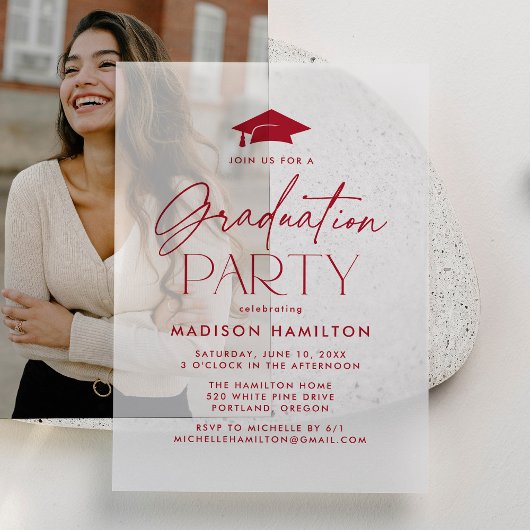 Moderne Red Script Graduation Party Pergament Einladungen