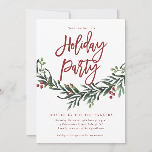 Moderne Red Script Greenery Holiday Party Einladung (Vorderseite)