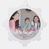 Moderne Red Script Minimal 2 Foto Frohe Weihnachte Ornament Karte (Vorderseite)
