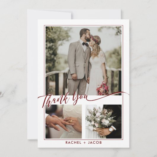 Moderne Red Script Overlay Foto Collage Wedding Dankeskarte (Vorderseite)