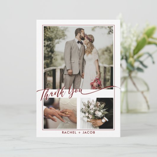 Moderne Red Script Overlay Foto Collage Wedding Dankeskarte (Stehend Vorderseite)