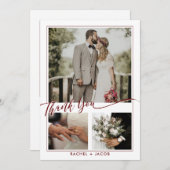 Moderne Red Script Overlay Foto Collage Wedding Dankeskarte (Vorne/Hinten)