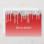 Moderne Red Silver Glitzer Tropfen Geburtstag Einladung (Vorderseite)