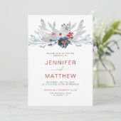 Moderne Red Stripes Navy Red Gray Floral Wedding | Einladung (Stehend Vorderseite)