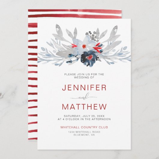 Moderne Red Stripes Navy Red Gray Floral Wedding | Einladung (Vorne/Hinten)