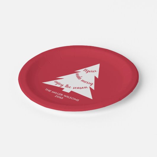 Moderne Red White Christmas Tree Name Holiday Part Pappteller (Schrägansicht)