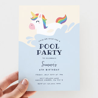 Moderne Regenbogen Einhorn Sommer Poolparty Geburt Einladung