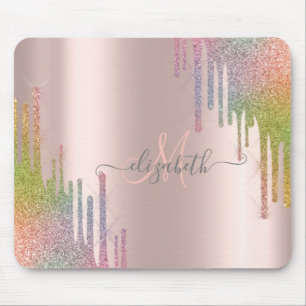 Moderne Regenbogen Glitter Roségold-Monogramm Mousepad