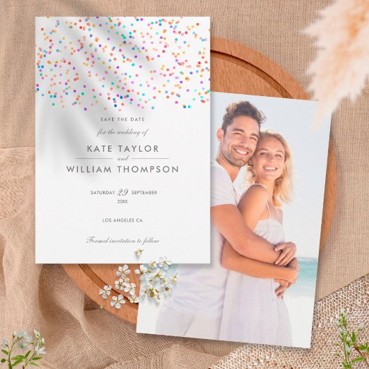 Moderne Regenbogen-Konfetti-Hochzeit Save The Date