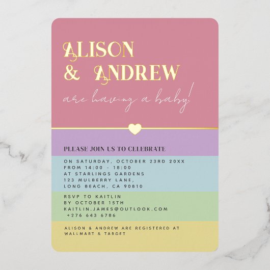 Moderne Regenbogen- und Goldkuchendusche Folieneinladung (Vorderseite)