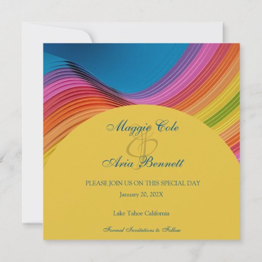 Moderne Regenbogenwelle Save the Date (Rückseite)