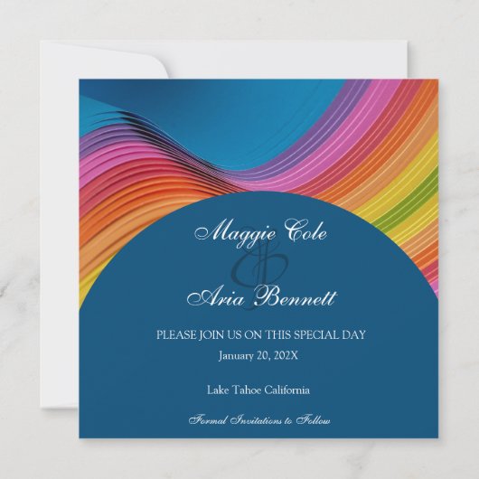 Moderne Regenbogenwelle Save the Date (Rückseite)