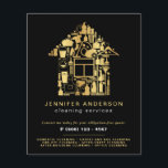 Moderne Reinigung von Gold und Schwarz Flyer<br><div class="desc">Moderner Flyer in Gold und Schwarz, der für kommerzielle oder wohnliche Dienstleistungen in den Bereichen Reinigung, Hausmeister, Zimmermädchen oder Hausmeisterservice konzipiert ist. Design mit goldenem Haus Icon und Putz-Equipment Icons darin. Passen Sie die Vorderseite mit zwei Zeilen Text auf einem schwarzen Hintergrund und einer Beschreibung der Dienste an, und fügen...</div>