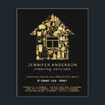 Moderne Reinigung von Gold und Schwarz Flyer<br><div class="desc">Moderner Flyer in Gold und Schwarz, der für kommerzielle oder wohnliche Dienstleistungen in den Bereichen Reinigung, Hausmeister, Zimmermädchen oder Hausmeisterservice konzipiert ist. Design mit goldenem Haus Icon und Putz-Equipment Icons darin. Passen Sie die Vorderseite mit zwei Zeilen Text auf einem schwarzen Hintergrund und einer Beschreibung der Dienste an, und fügen...</div>