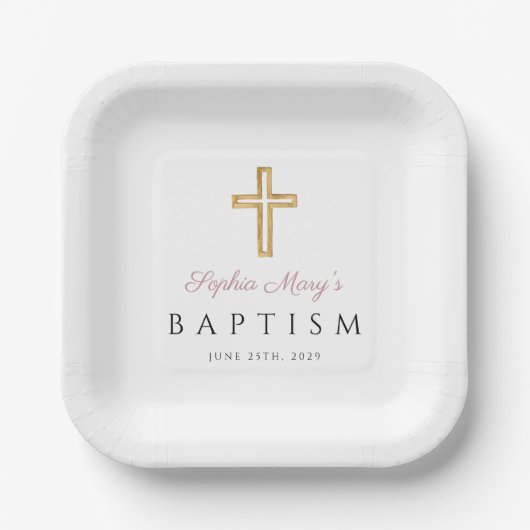 Moderne religiöse Cross-Pink-Script-Girl-Taufe Pappteller (Vorderseite)