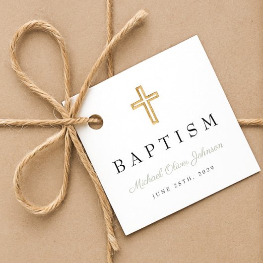 Moderne religiöse Cross-Sage Green Script-Taufe Geschenkanhänger