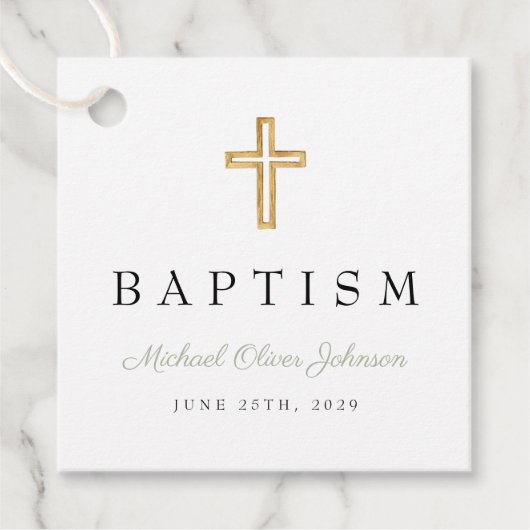 Moderne religiöse Cross-Sage Green Script-Taufe Geschenkanhänger (Vorderseite)