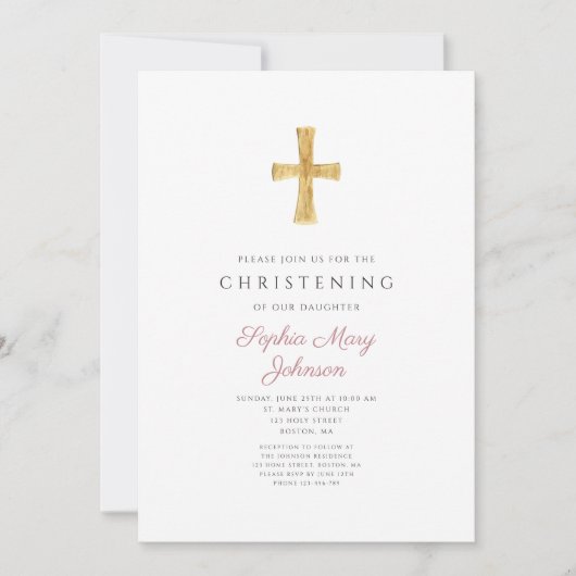 Moderne religiöse Kreuzrosa Streifen Christening Einladung (Vorderseite)