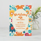 Moderne Retro 70er Jahre Daisy Wedding Einladung (Stehend Vorderseite)