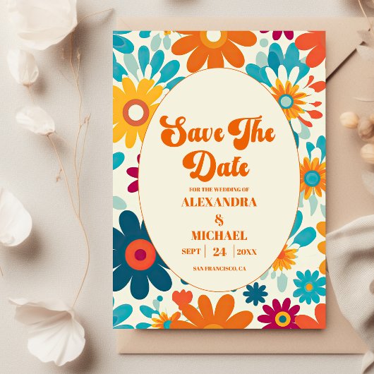 Moderne Retro 70er Jahre Daisy Wedding Save The Date