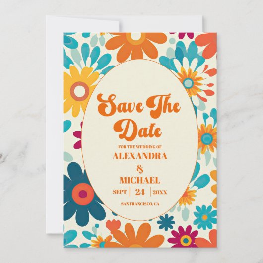 Moderne Retro 70er Jahre Daisy Wedding Save The Date (Vorderseite)