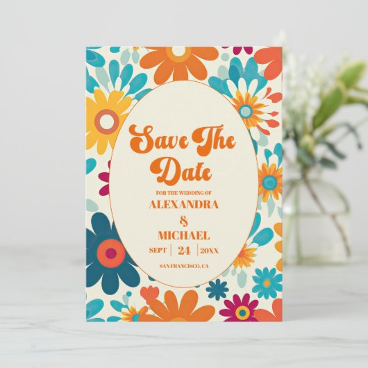 Moderne Retro 70er Jahre Daisy Wedding Save The Date (Stehend Vorderseite)