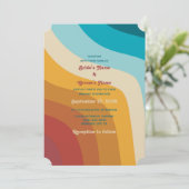Moderne Retro 70er Jahre farbenfrohe Regenbogenwel Einladung (Stehend Vorderseite)