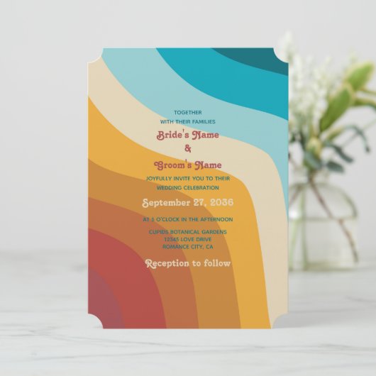 Moderne Retro 70er Jahre farbenfrohe Regenbogenwel Einladung (Stehend Vorderseite)