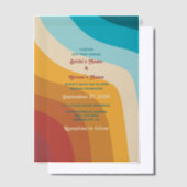 Moderne Retro 70er Jahre farbenfrohe Regenbogenwel Pergament Einladungen (Versetzt)