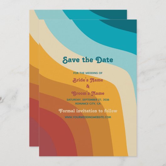 Moderne Retro 70er Jahre farbenfrohe Regenbogenwel Save The Date (Vorne/Hinten)