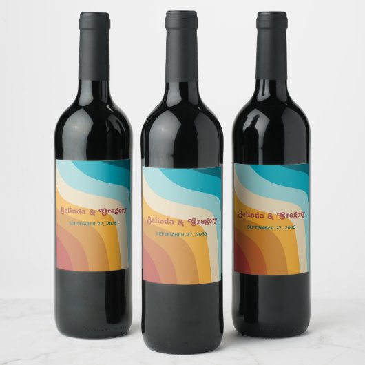 Moderne Retro 70er Jahre farbenfrohe Regenbogenwel Weinetikett (Flaschen)