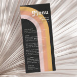 Moderne Retro 70er Jahre Rainbow Dark Wedding Dinn Menükarte<br><div class="desc">Dieses moderne Retro-Dinner-Menü in den 70er Jahren mit dunklem Regenbogen eignet sich hervorragend für Ihre Vintage Hochzeitsfeier in Orange, Rose und Rosa. Entworfen mit Elementen eines klassischen, farbenfrohen Boho-Bohbogens und groovy minimalistischen Streifen. Das Design hat ein einzigartiges abstraktes tropisches Strandgefühl, das für jeden Frühling, Sommer oder Hochzeit im Herbst geeignet...</div>