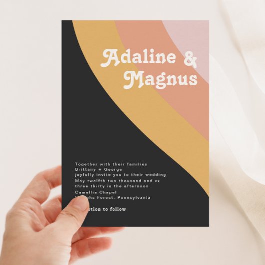 Moderne Retro-70er Jahre Rainbow Dark Wedding Einladung