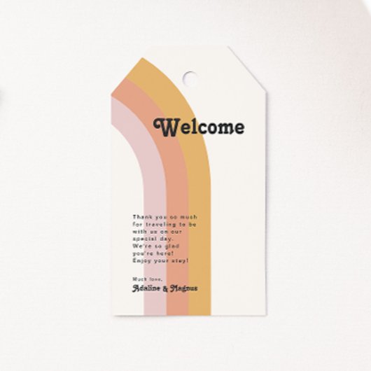 Moderne Retro 70er Jahre Rainbow Wedding Willkomme Geschenkanhänger