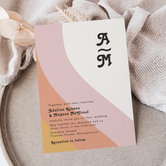 Moderne Retro 70er Rainbow Monogram Wedding Einladung