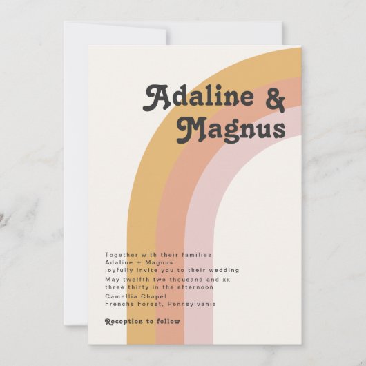 Moderne Retro-70er-Rainbow-Monogramm-Foto Hochzeit Einladung (Vorderseite)