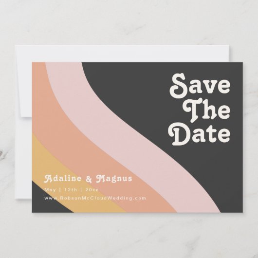 Moderne Retro 70er Regenbogen Dunkel Horizontal Save The Date (Vorderseite)