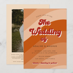 Moderne Retro 70er Regenbogen Orange Foto-Hochzeit Einladung