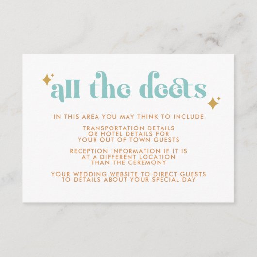 Moderne Retro Beachy Wedding Details Eintrittskart Begleitkarte (Vorderseite)