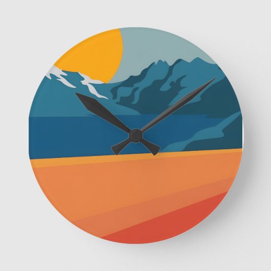 Moderne Retro-Berglandschaft - lebhaft rot und Runde Wanduhr (Vorderseite)