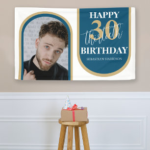 Moderne Retro Blau Und Gold Foto Geburtstag Banner