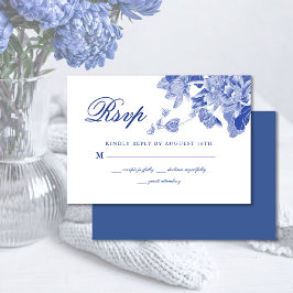 Moderne Retro Blau und Weiß Chinoiserie Blumen RSVP Karte