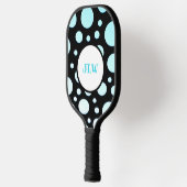 Moderne Retro Blue Polka-Punkte auf schwarz Pickleball Schläger (Links)